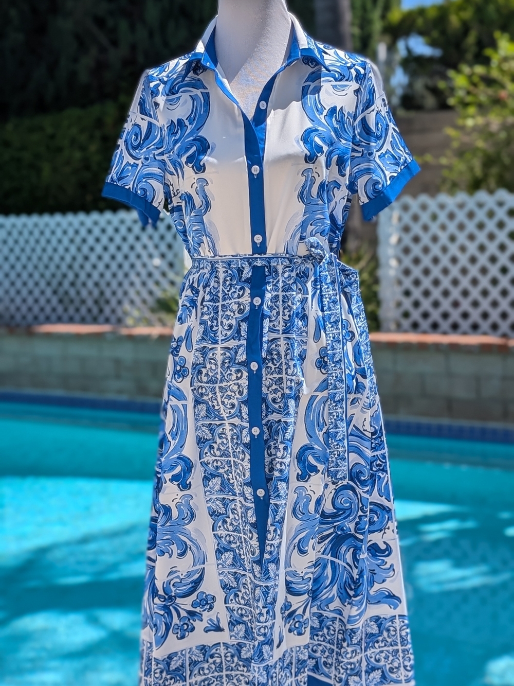 SHEIN White & Blue Printed Button-Front Maxi Shirtdress with Tie Waist